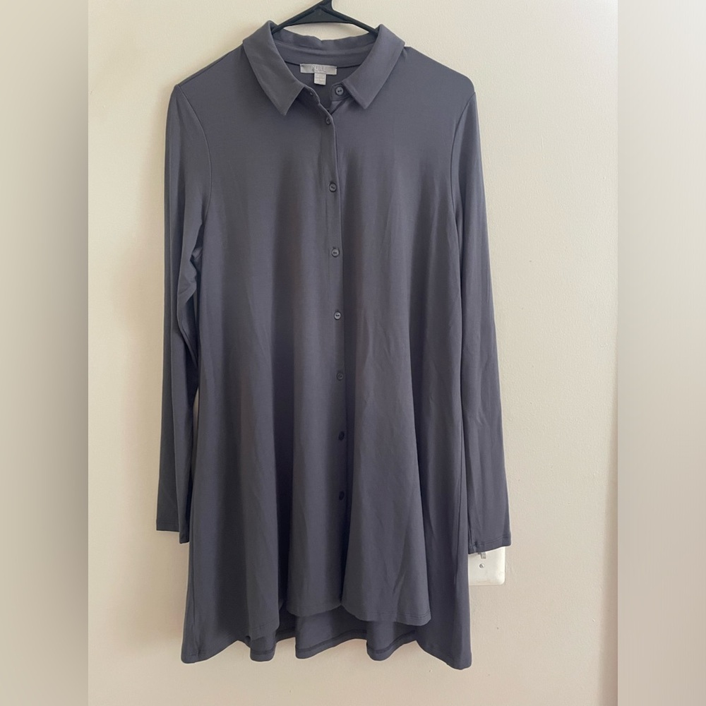 Pure Collection Top Womens 14 Deep Purple Button Up Tunic Hi Low Hem Lagenlook